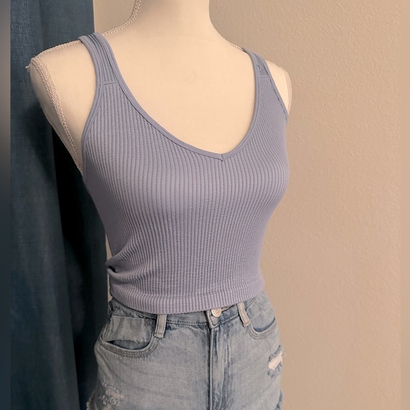 Blue Stretchy Ribbed Crew Neck Crop Top Tank Sleeveless Size S/M - Picture 4 of 6